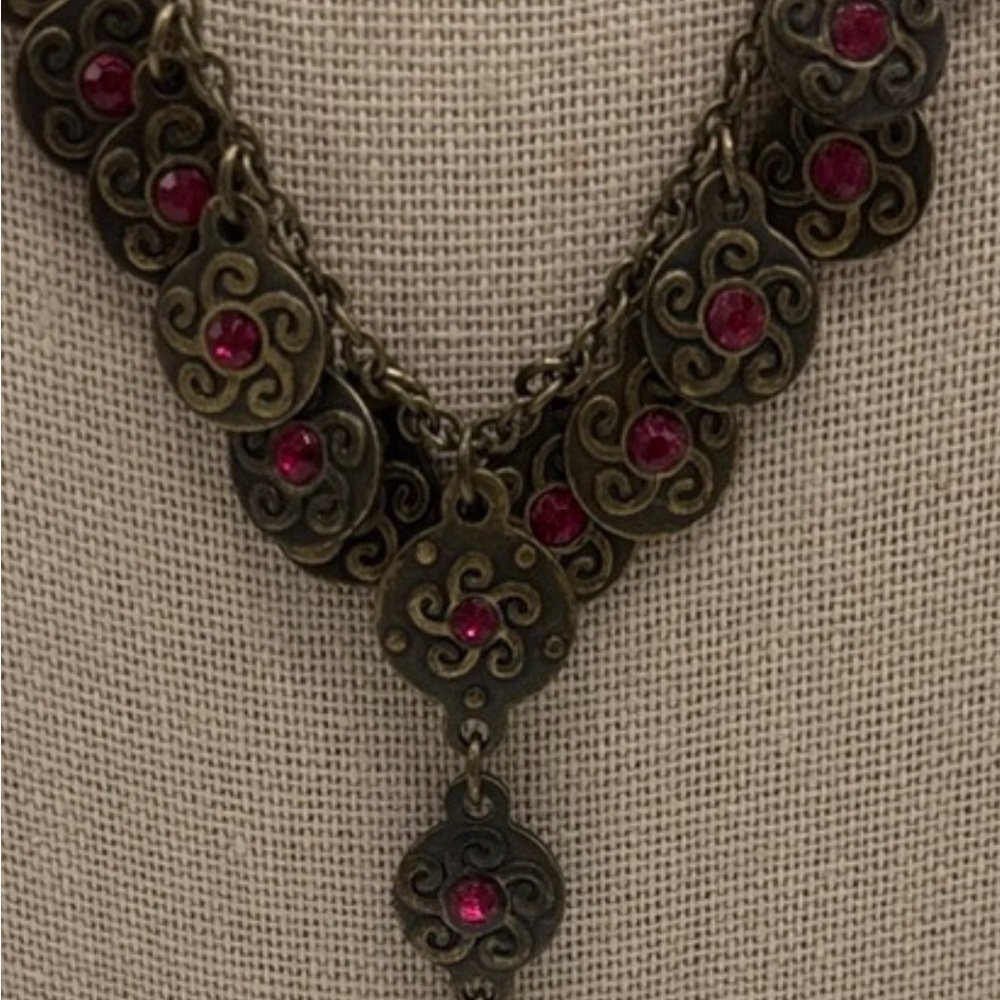 Antique Brass Drop Necklace with Pink Accents